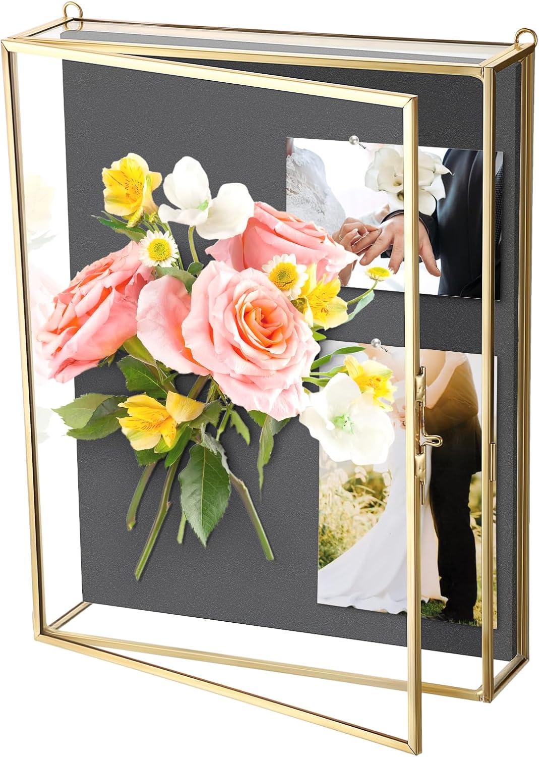 ELLDOO Shadow Box Frame 8x10inch - Glass Display Case with Black Foam Backplane and Pins for Tabletop and Wall Display, Gold Metal Keepsakes Memory Box for Wedding Bouquet Memorabilia Medals Photos