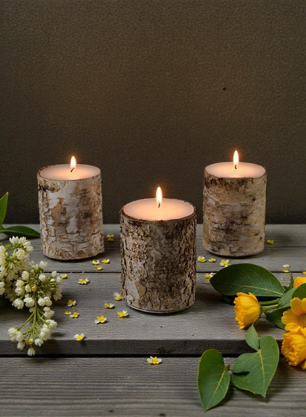 Serene Spaces Living Birch Bark Unscented Pillar Candles, Rustic Decorative Candles for Weddings, Events, Restaurants, Parties & Natural Home Decor, 3" Diameter x 4" Tall, Pack of 3