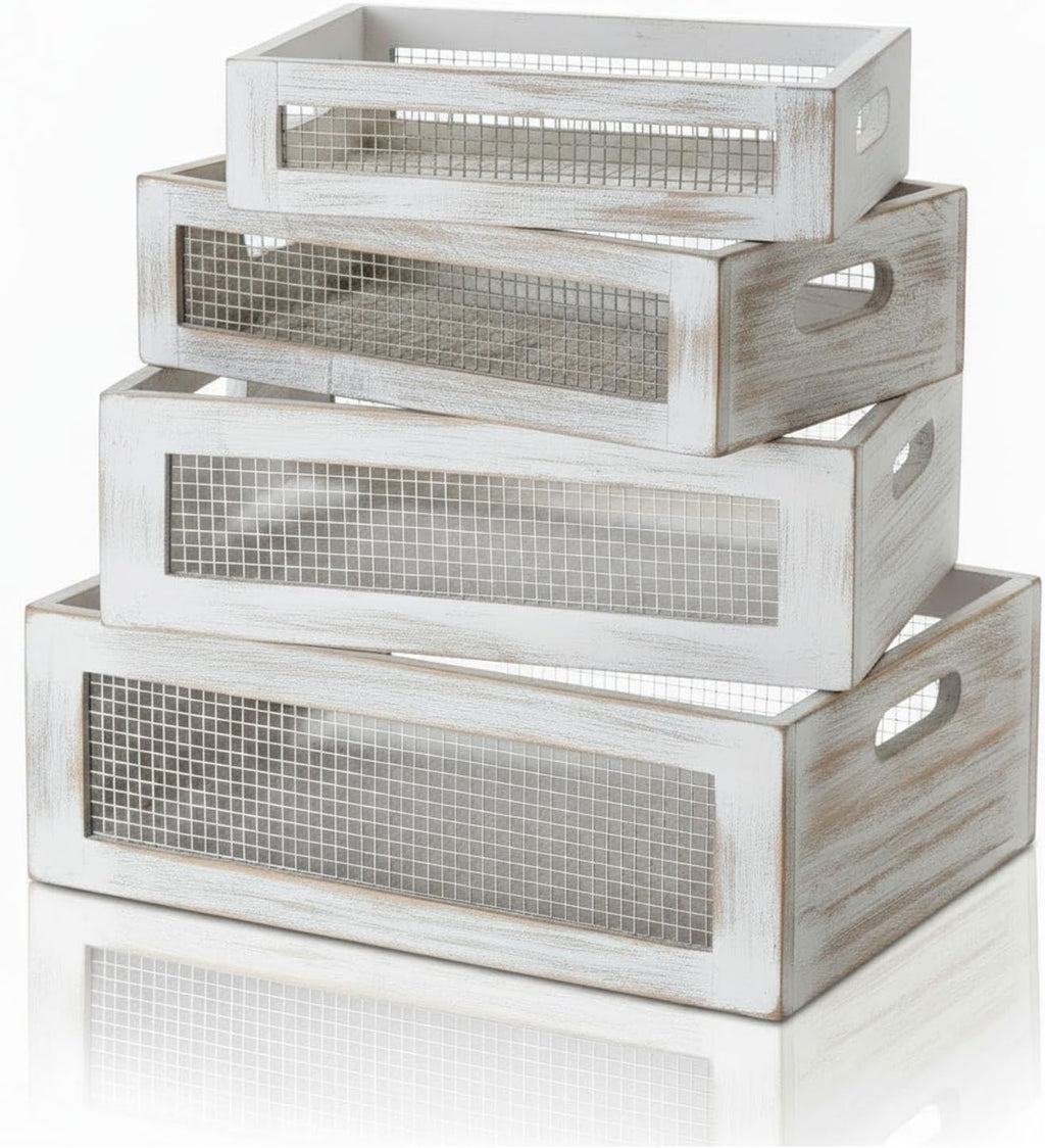 FillTouch 4 Pcs Wooden Nesting Countertop Baskets, White, Small