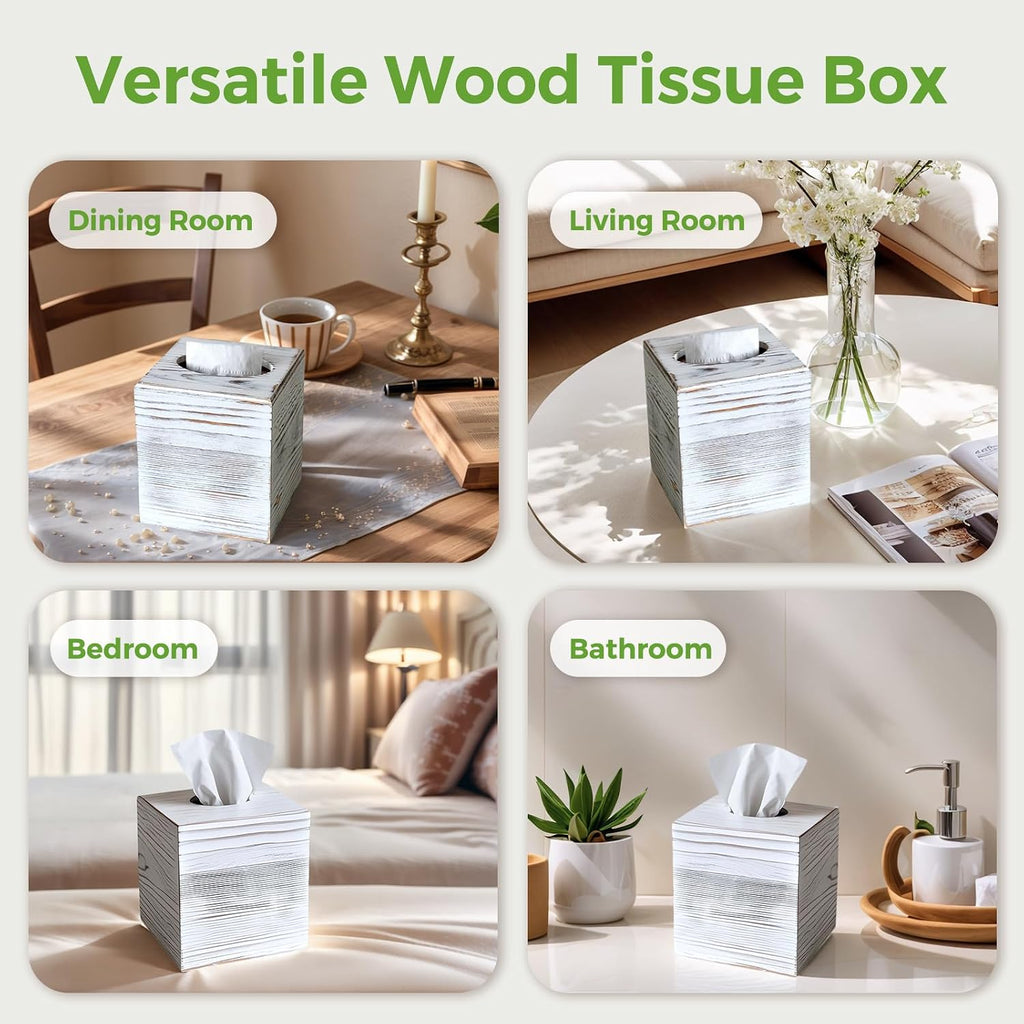 White Wood Tissue Box Cover, Square Wooden Tissue Box Holder for Bathroom