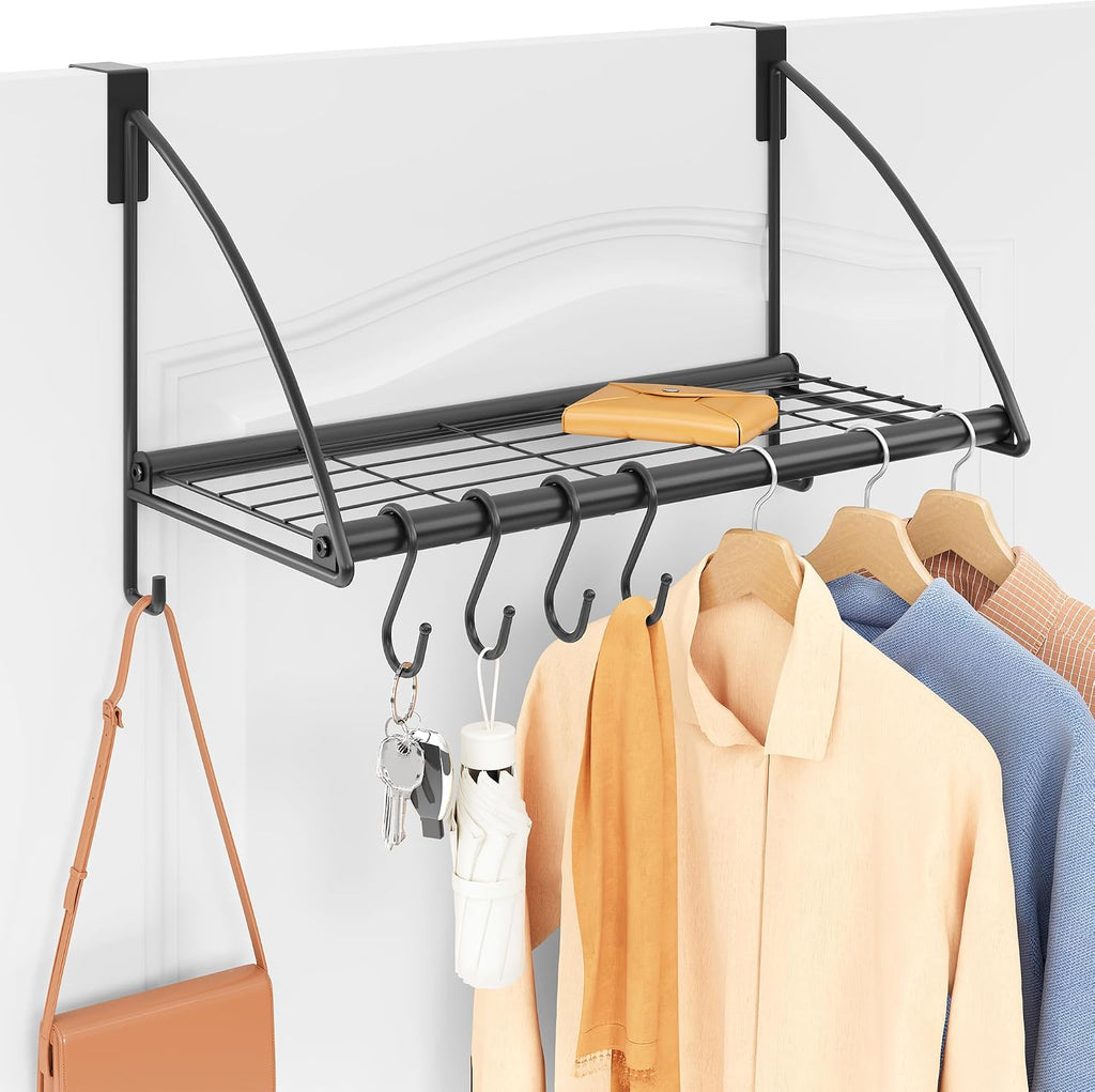 Tajsoon Over the Door Hanger with Storage Rack and 6 Hooks, 16.54" Black
