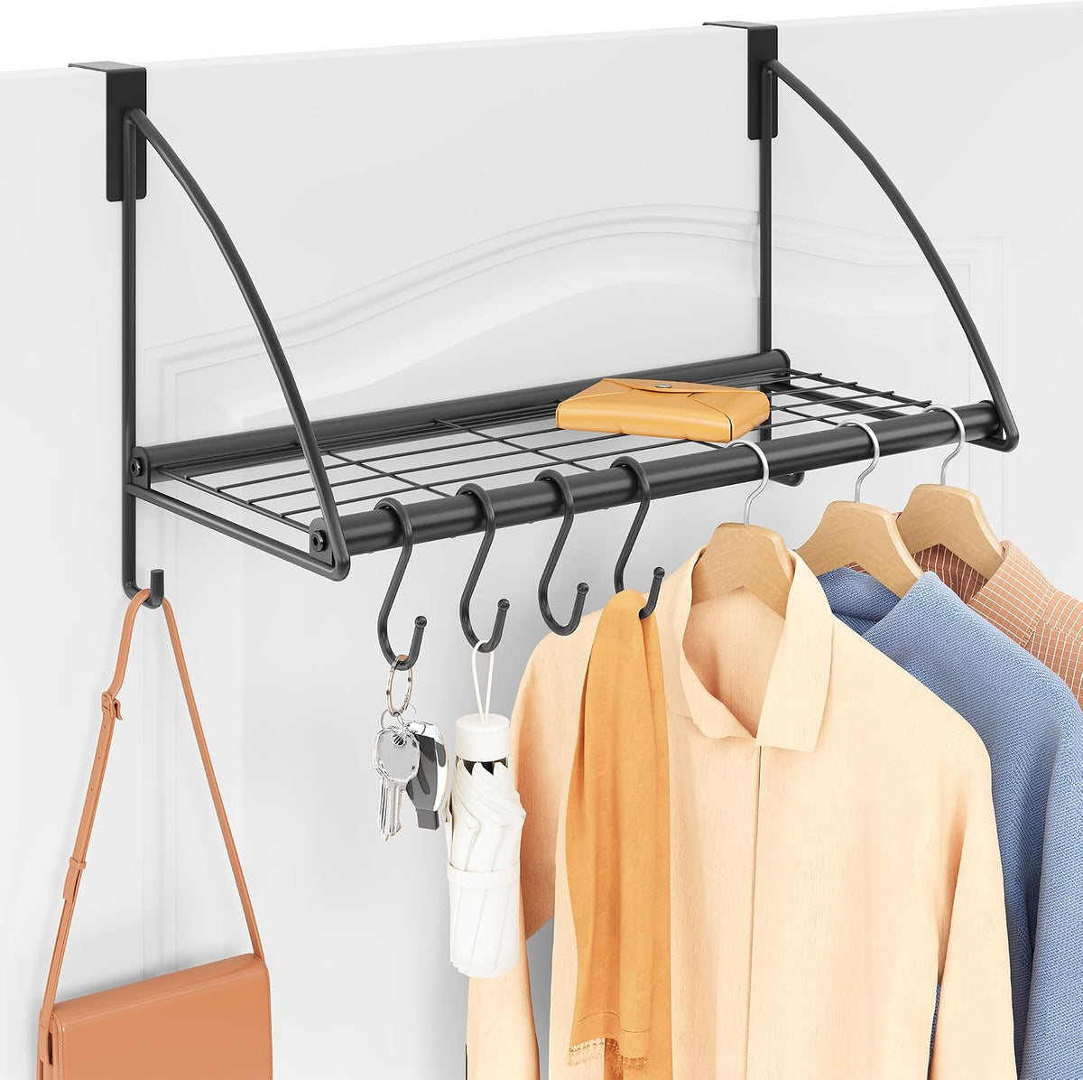 Tajsoon Over the Door Hanger with Storage Rack and 6 Hooks, 16.54" Black