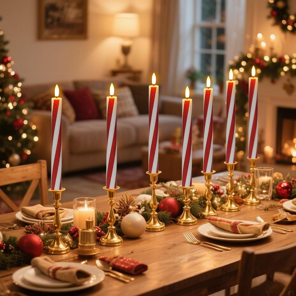 Candy Cane Flameless Taper Candles Battery Operated Remote Timer