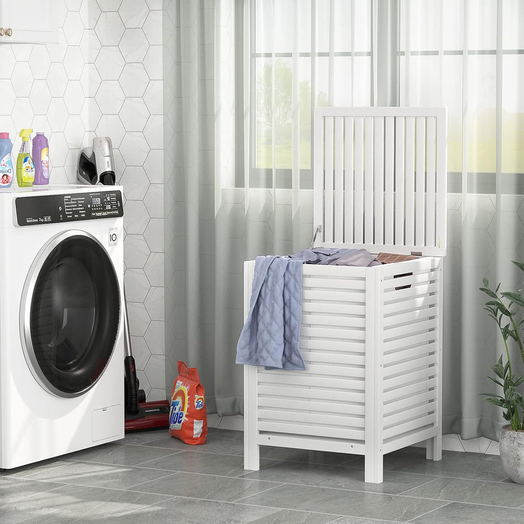 Homykic 120L Bamboo Laundry Hamper with Lid and Removable Liner Bag, White