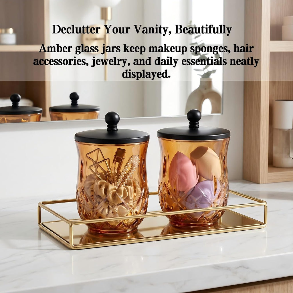 2 Pack 10Oz Amber Q-Tip Holder, Round Thick Glass