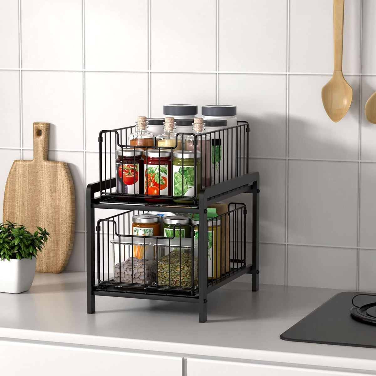 NPPLUS 2 Tier Black Under Sink Organzier With Sliding Drawer