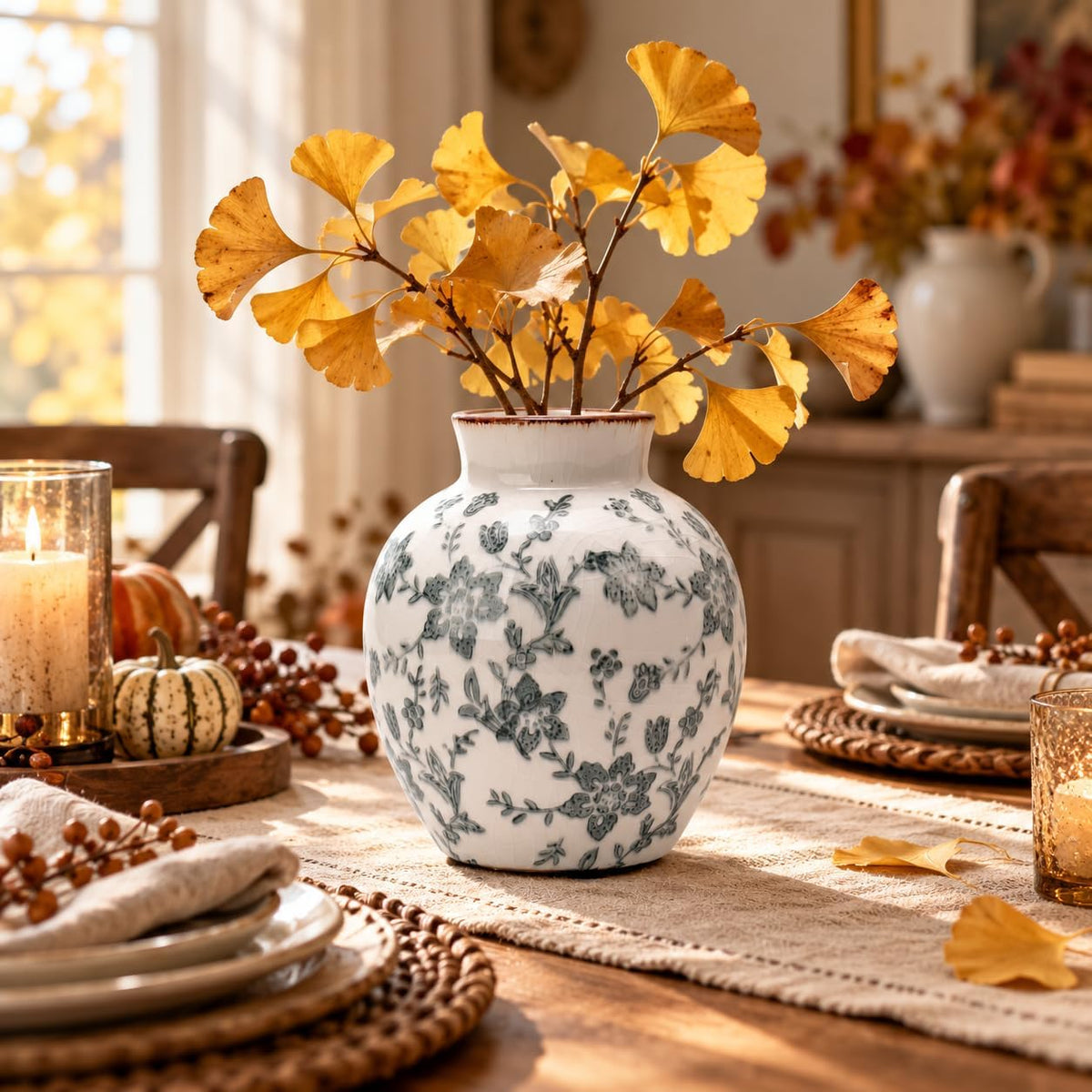 SIDUCAL Ceramic Vintage Vase, 5.83 Inch Retro Ice Cracked Chinoiserie Floral Vase, Rustic Farmhouse Vases for Home Decor, Bookshelf, Garden, Chinoiserie Decor, Tuscan Decor, Gray Floral Pattern