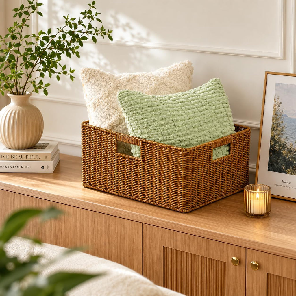Jumbo Wicker Basket, Rectangular Wicker Basket for Storage, 16.5 x 13 x 7.5