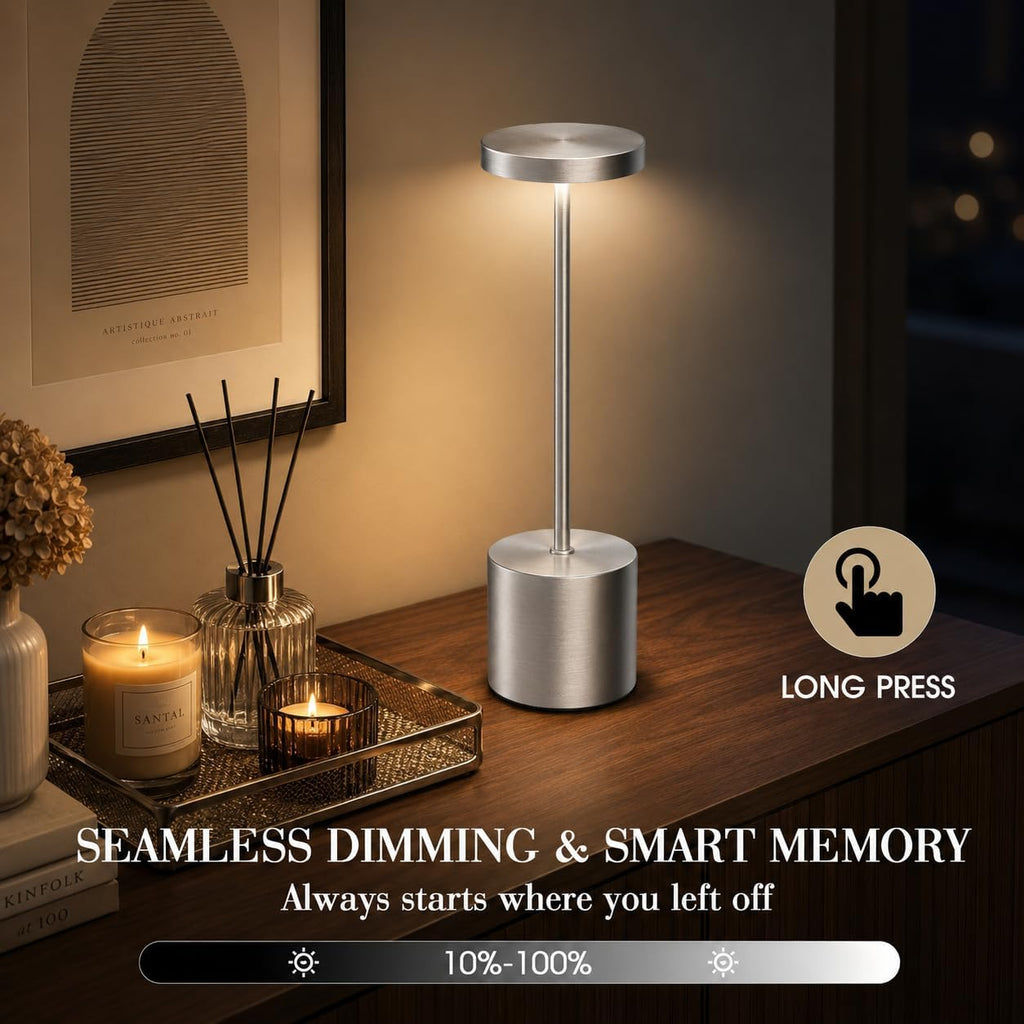 AUDLES Silver Rechargeable Table Lamps 2 Pack, Cordless Battery Operated LED Desk Lamp with Touch Control, 3 Color Temperatures, Dimmable Portable Lamps for Bedroom, Dining Room, Patio, Restaurant