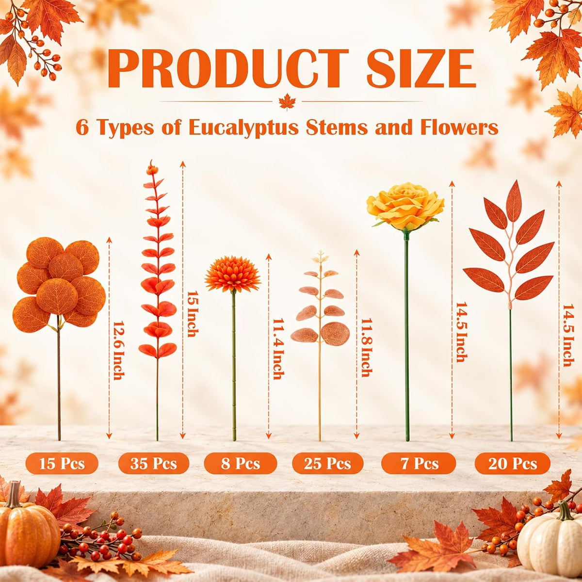Yinder 120 Pcs Orange Artificial Eucalyptus Stems and Faux Flowers, Fall