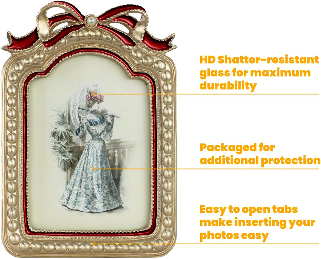 GUOER Vintage 5x7 Picture Frame with Bow Antique Ornate Table Top and Wall Mounting Photo Frame with High Definition Glass Front for Home Decor, Photo Gallery, Art(5x7, Gold & Red)