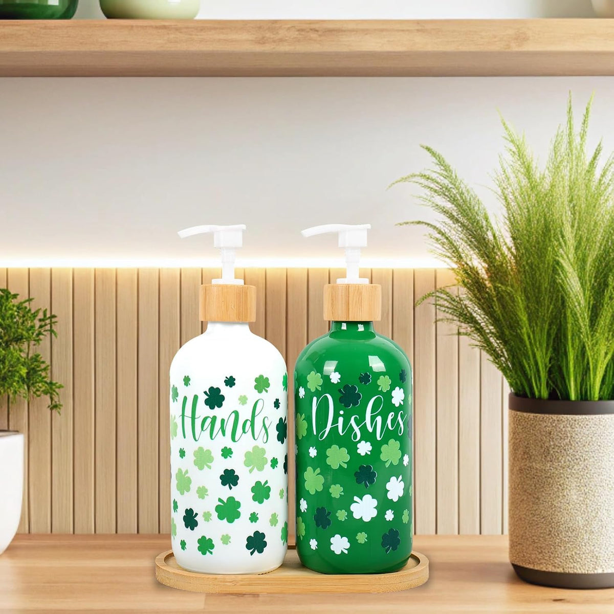 FYSUIMU 2 Pcs St. Patrick's Day Soap Dispenser Glass Soap Dispenser with Pump Green White Shamrock Clover Refillable Liquid Container for Hands Dishes Party Home Kitchen Bathroom Decor