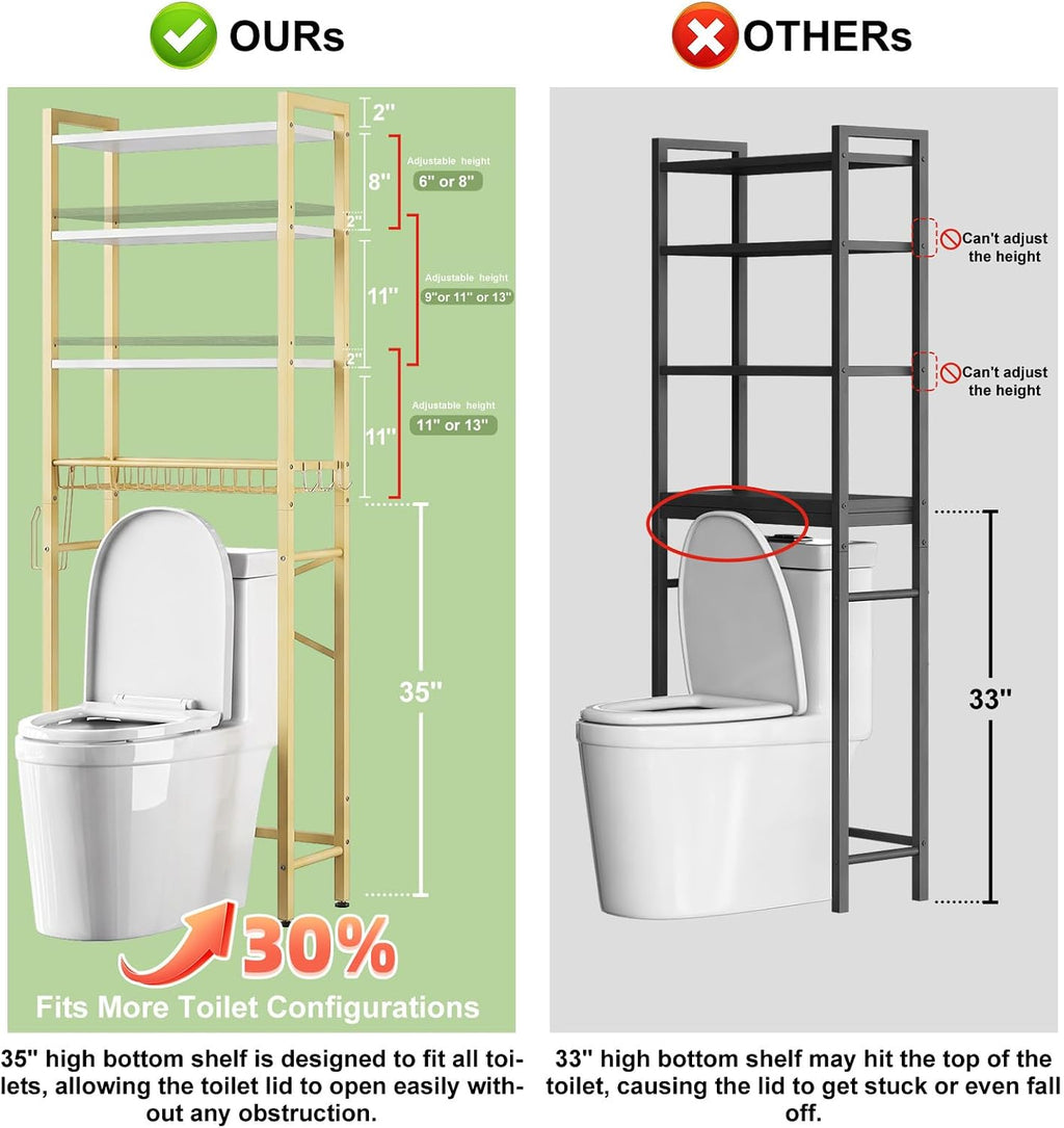 Kalrin Over-The-Toilet Storage Rack, 4-Tier Bathroom Organizer Shelf Over Toilet with Adjustable Shelf and Basket, Freestanding Space Saver Bathroom Shelves Above Toilet for Room (MetalWood-White)