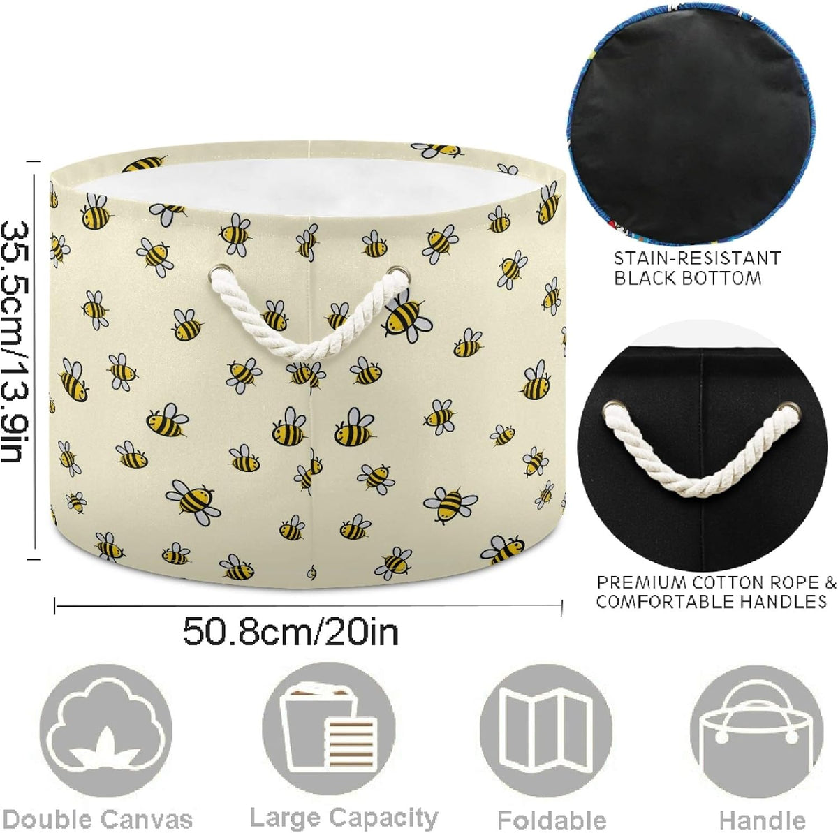 visesunny Cute Bee Pattern Laundry Baskets Fabric Storage Bin Storage Box Collapsible Storage Basket Toy Clothes Shelves Basket for Bathroom,Bedroom,Nursery,Closet,Office