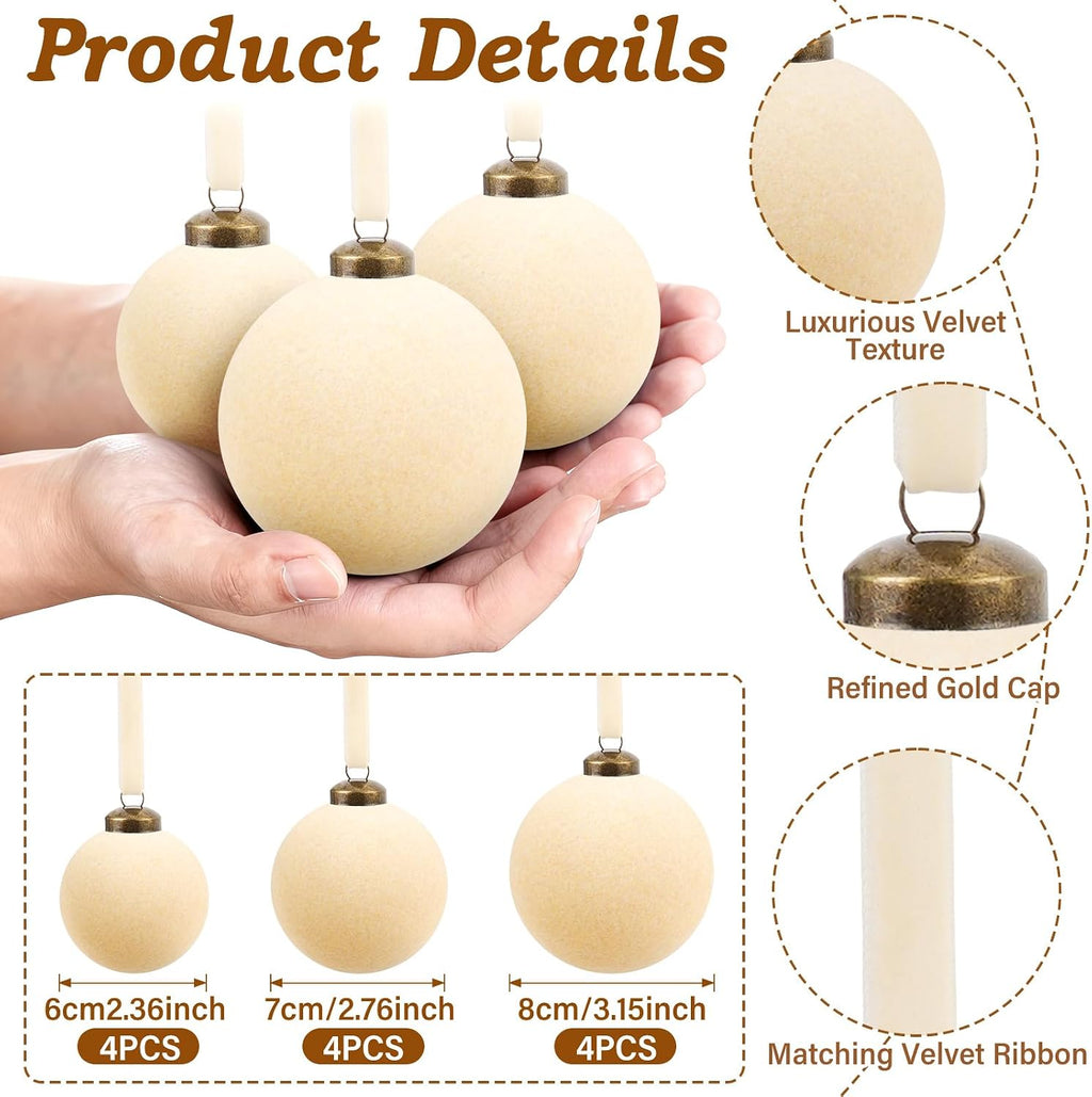 Beige Velvet Ornaments for Christmas Tree, Cream Flocked Ornaments
