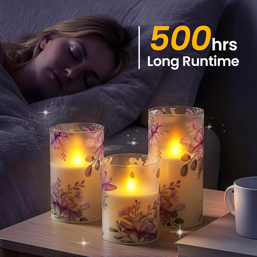 Pack of 3 Flameless Daily Timer Flickering Real Wax Pillar Candles, 3" x 4" 5" 6" LED Battery Operated Purple Flowers Glass Warm Light with Remote Control