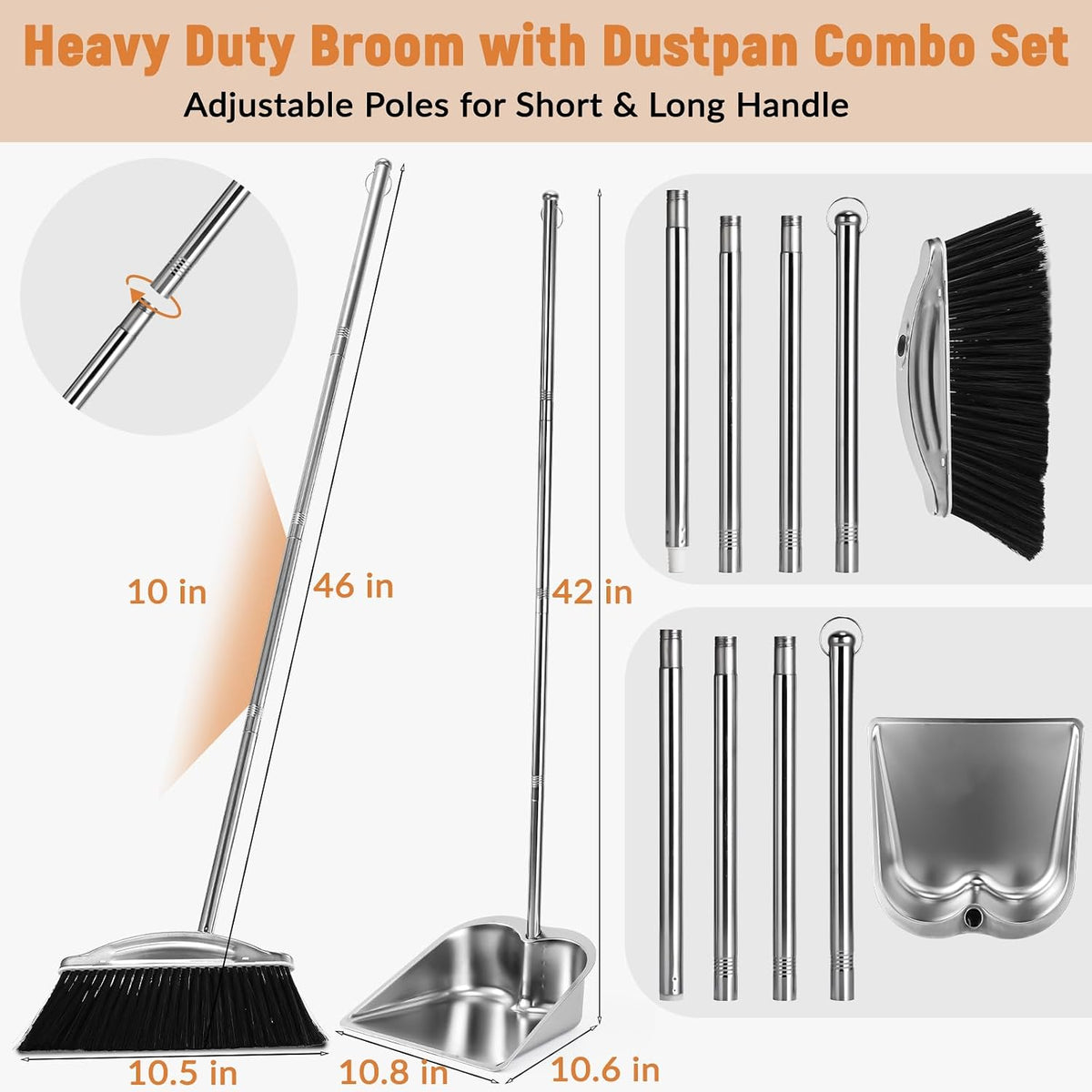Broom with Dustpan Combo Set, 46" Stainless Steel Broom and Dustpan Set for Home, Heavy Duty Dust Pan with Long Handle, Broom for Sweeping Indoor and Outdoor, Kitchen Broom and Dust Pan (Black)