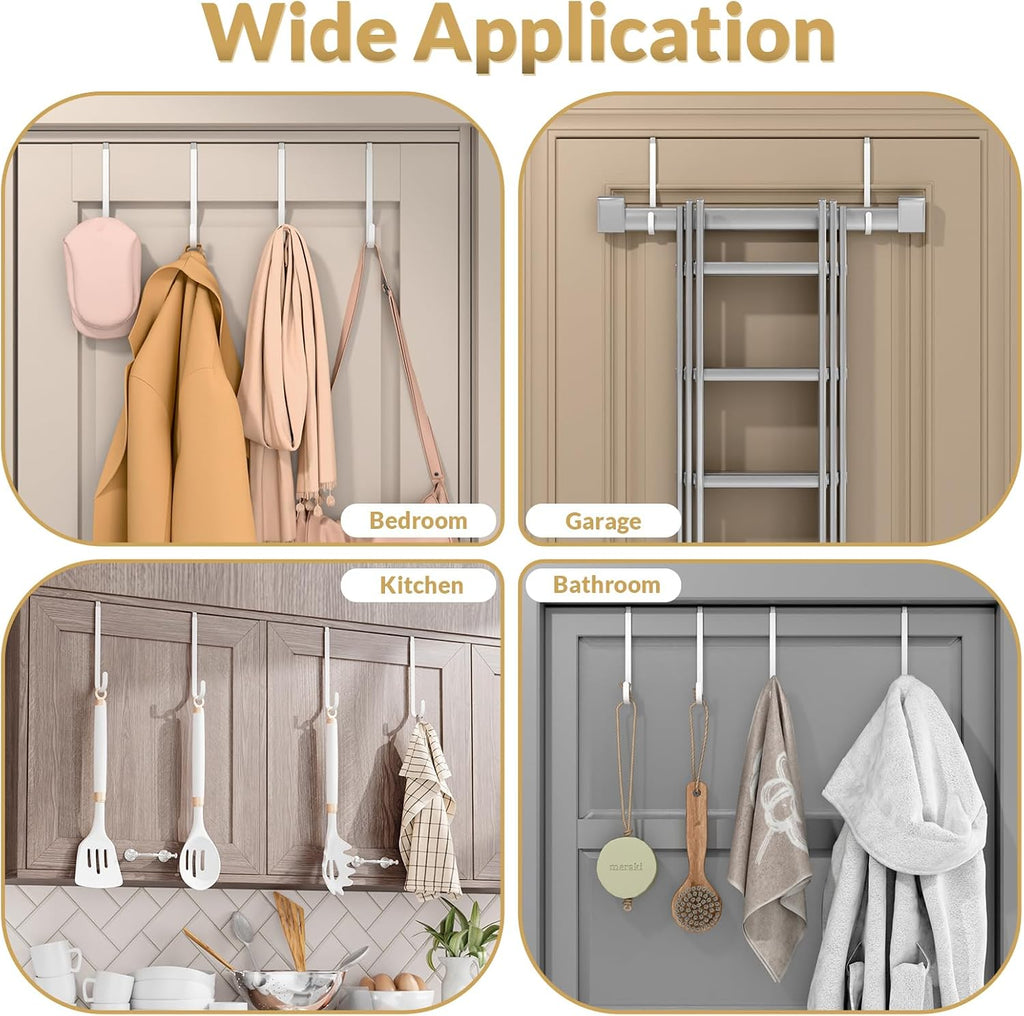 Over the Door Hooks, 4 Pack Heavy Door Hanger Hooks with Non-Slip Rubber, Over Door Hanger for Towels, Coats, Bags, Space Saving Door Coat Hanger for Living Room,Bathroom, Bedroom (White, Long)