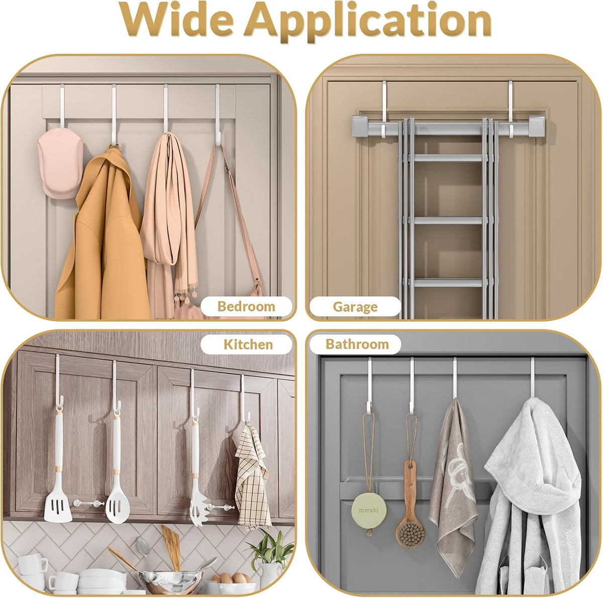 Over the Door Hooks, 4 Pack Heavy Door Hanger Hooks with Non-Slip Rubber, Over Door Hanger for Towels, Coats, Bags, Space Saving Door Coat Hanger for Living Room,Bathroom, Bedroom (White, Long)
