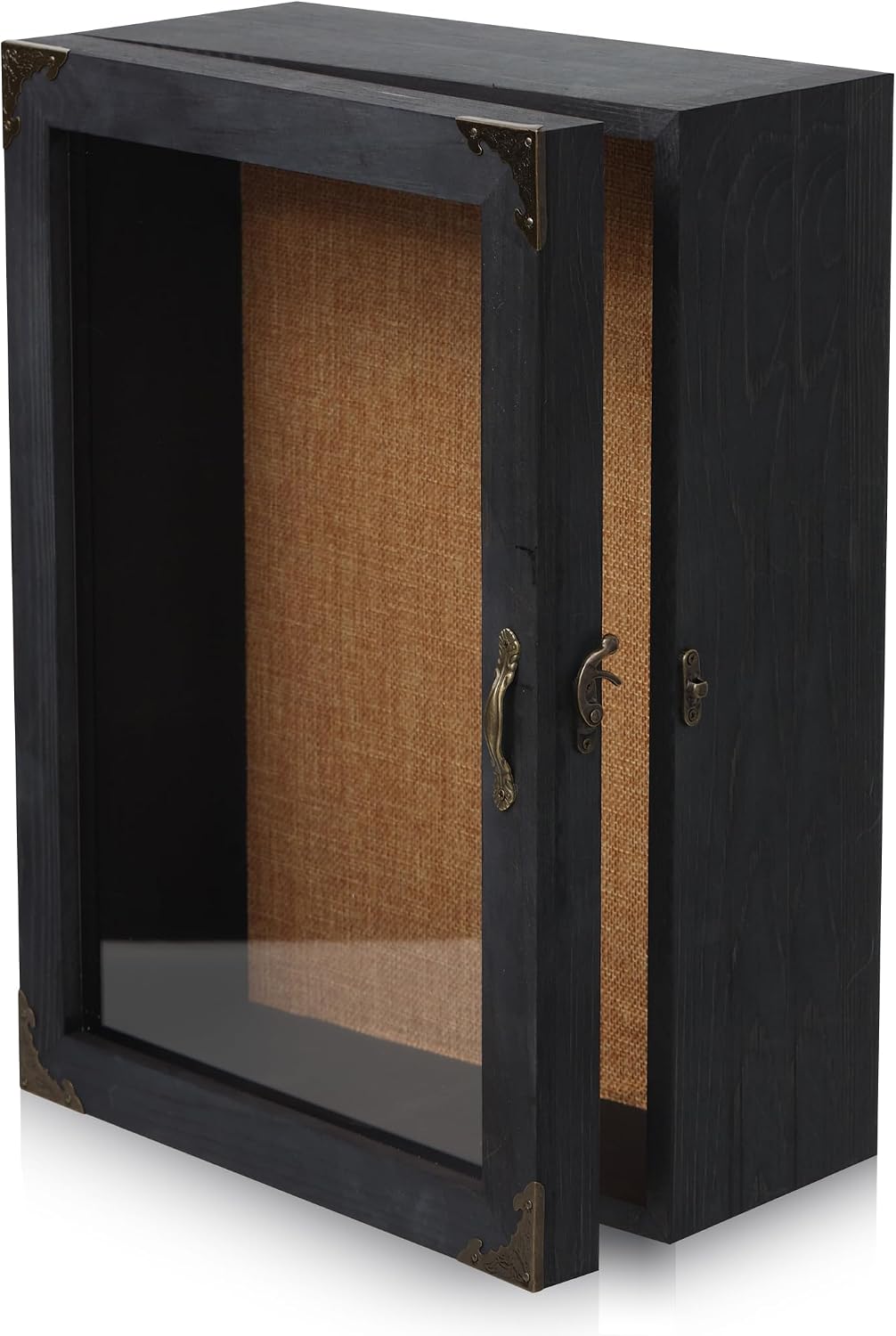 Shadow Box Frame 12x16 with Glass Door, 4.7" Overall Depth Black Solid Wood Display Case with Removable 6-Grid Shelves, Vintage Metal Corner Guards, Handle & Lock, Extra Deep Shadow Box for Medals