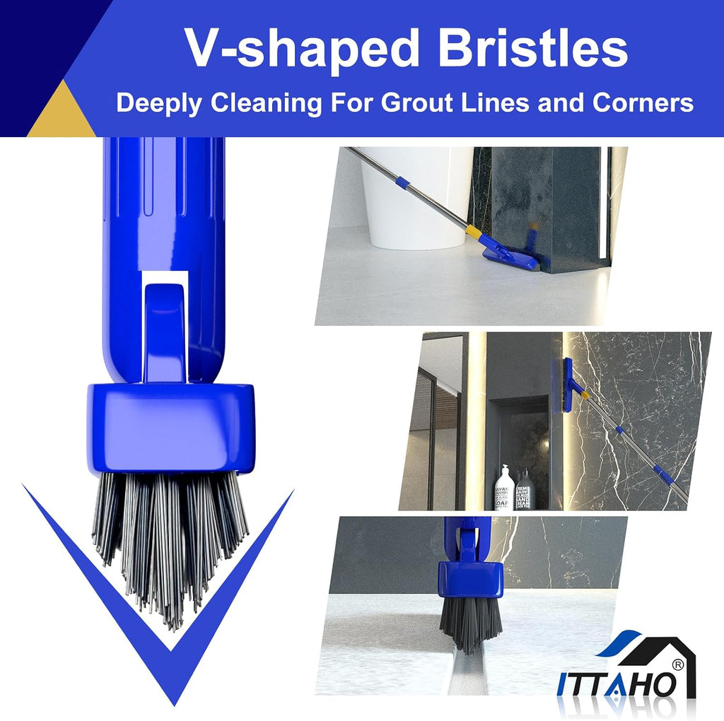 12" Wide Floor Scrub and Grout Brush Set With Long Extendable Handle - Stiff Bristle Heavy Duty Cleaner for Tile, Deck, Garage, Kitchen, Bathroom