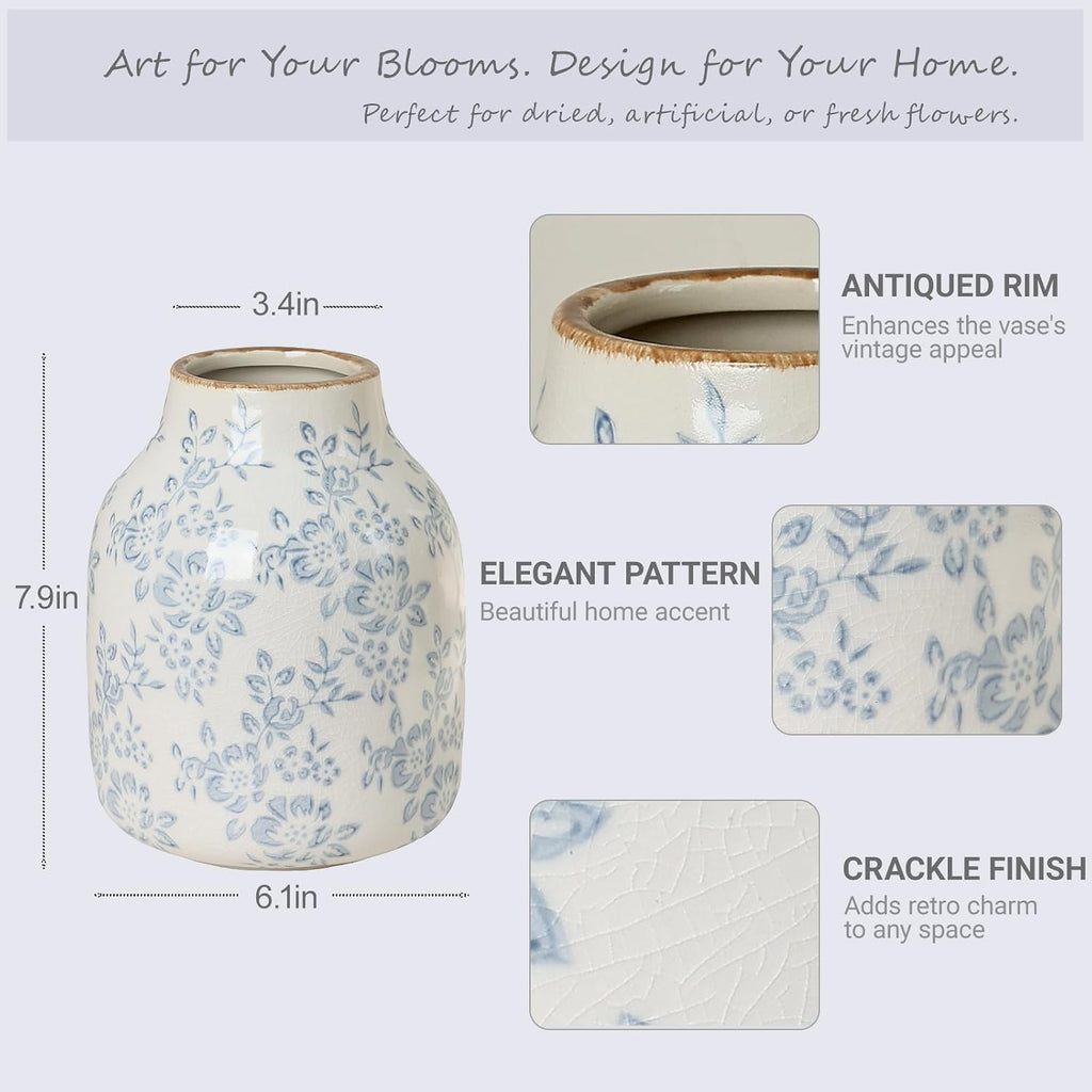 Blue and White Chinoiserie Ceramic Vase Vintage Flower Vase, 7.9in