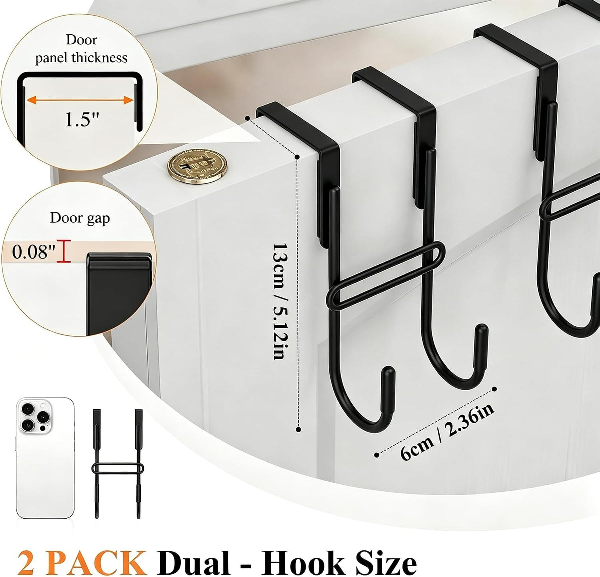 FYY Over the Door Hooks - Heavy Duty Double Hanger,Fits 1.5 in Door, 2 Pack