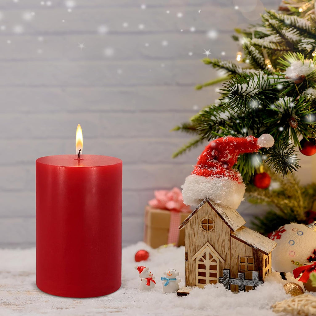 2.75“ x 4” Hand Poured Unscented Candles, Red Dripless Pillar Candles Set of 6, Long Burning, Clean and Neat, Burn Time Approx. 90 Hours, Rustic, Weddings, Dinner Parties, Christmas, and Home Décor