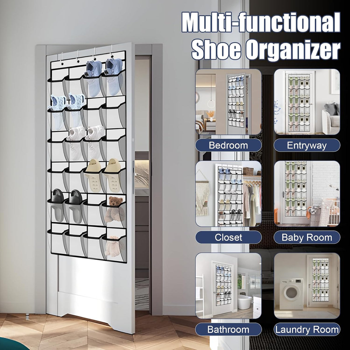 Over the Door Shoe Organizer - 24 Large Breathable Mesh Pockets, Space Saving Hanging Shoe Organizer with Metal Hooks, Hanging Shoe Rack for Men's and Women's Shoes (White)