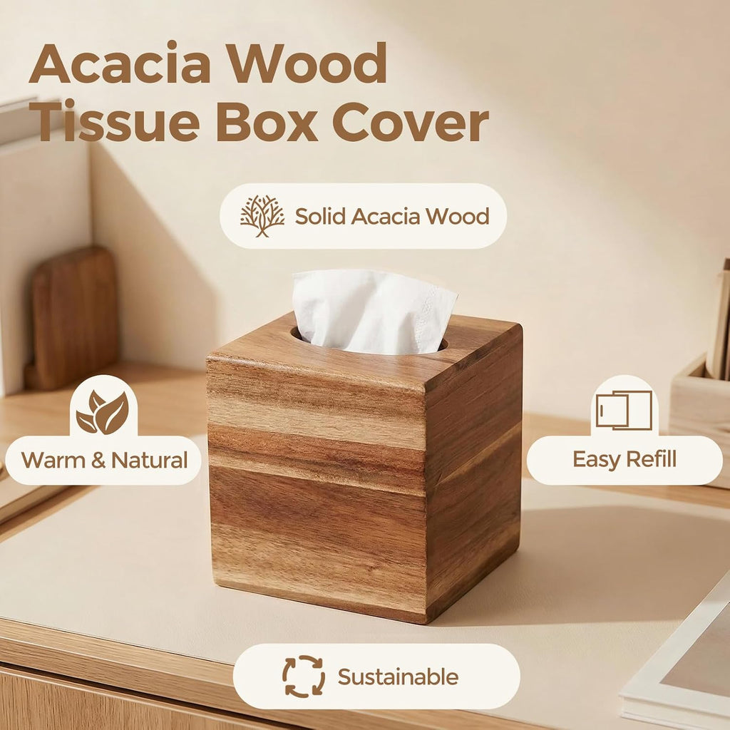 Acacia Wood Tissue Box Cover, Square Wooden Tissue Box Holder for Bathroom