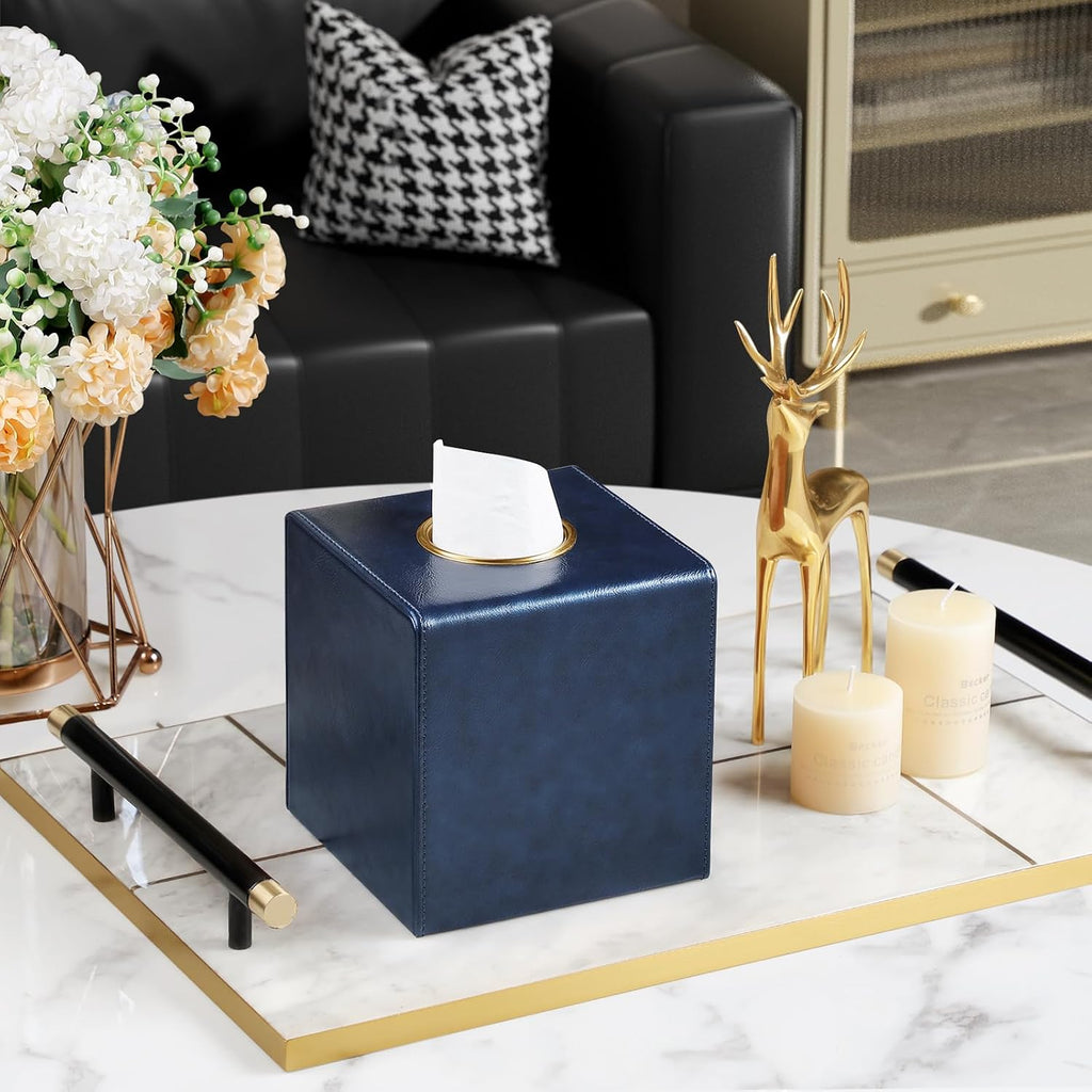 Square Tissue Box Cover with Magnetic Closure, Navy Blue