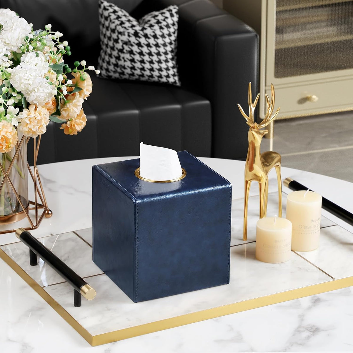 Square Tissue Box Cover with Magnetic Closure, Navy Blue