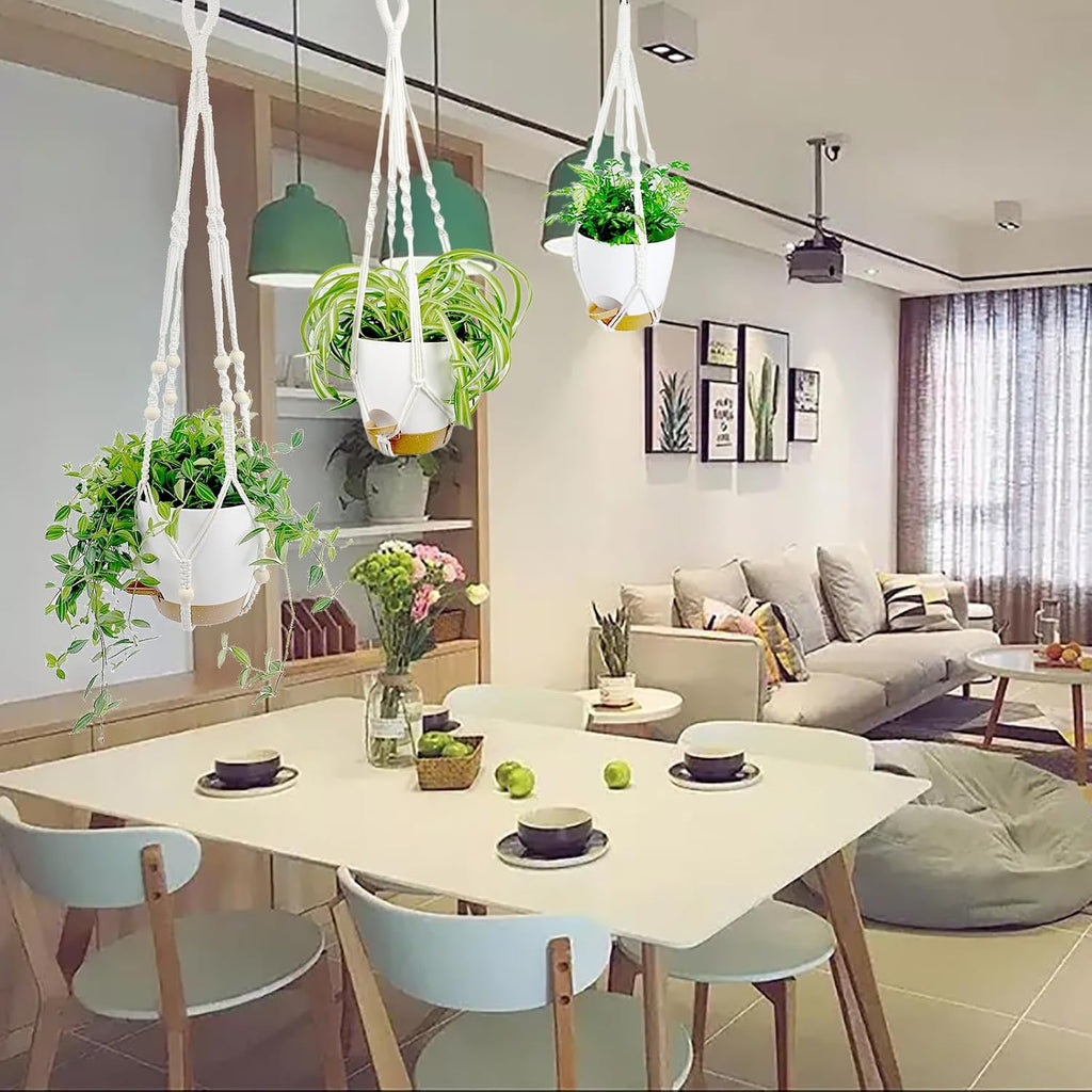 Hanging Planters with Macrame Plant Hangers for Indoor Outdoor Plants, 3 Set Hanging Baskets Flower Pots Holders 35''/27''/21'', Self-Watering Pots 7''/6''/5.5'', Boho Home Decor, White