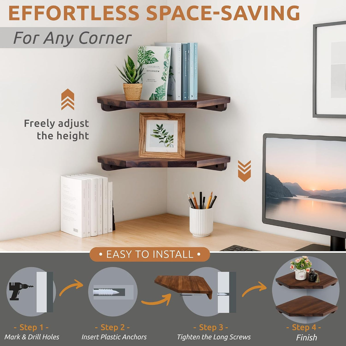 Demigo Hexagon Corner Floating Shelves, 2-Pack Acacia Wood Wall Shelf