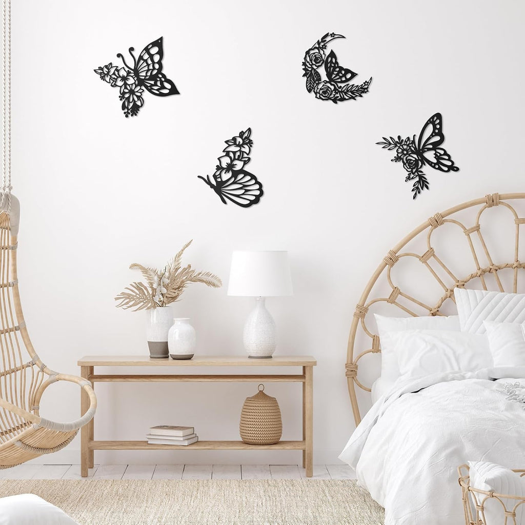 LOYIM 4 Pcs Butterfly Wall Decor Metal Butterfly Wall Art,Graceful,Black