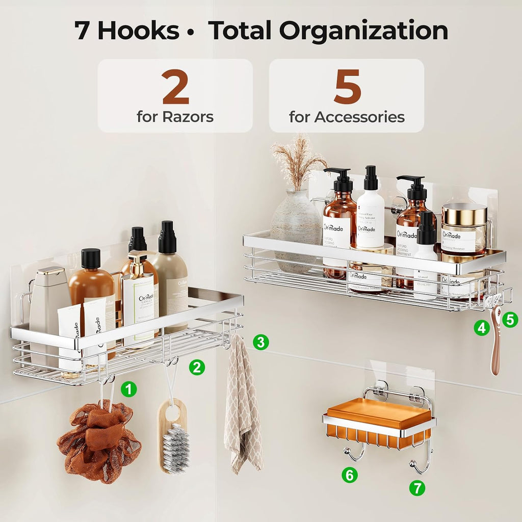 Orimade Adhesive Shower Caddy Soap Dish Holder Shelf with 5 Hooks Bathroom Organizer Basket Kitchen Storage Rack Wall Mounted No Drilling Stainless Steel - 3 Pack,Silver