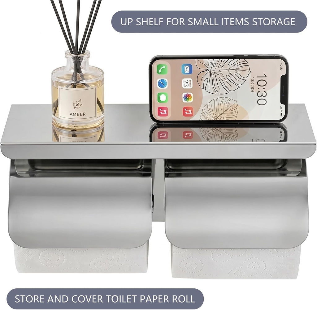Double Toilet Paper Holder with Phone Storage Shelf Polished Chrome