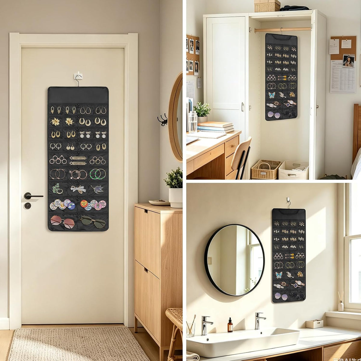 FOREGOER Hanging Jewelry Organizer 58 Zippered Pocket, 2-Sided, Black