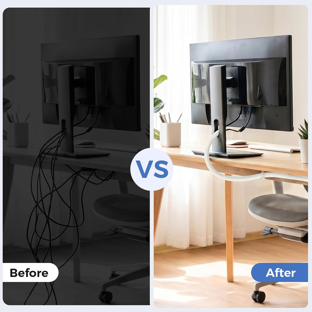 Delamu 10ft - 1/2 inch Cable Sleeve Cord Protector from Pets No Chew, Split-Braided PVC Wire Loom Tubing for Desk Computer USB TV Cord Organizer, Easy Set-up Cable Management Sleeve Kit, White