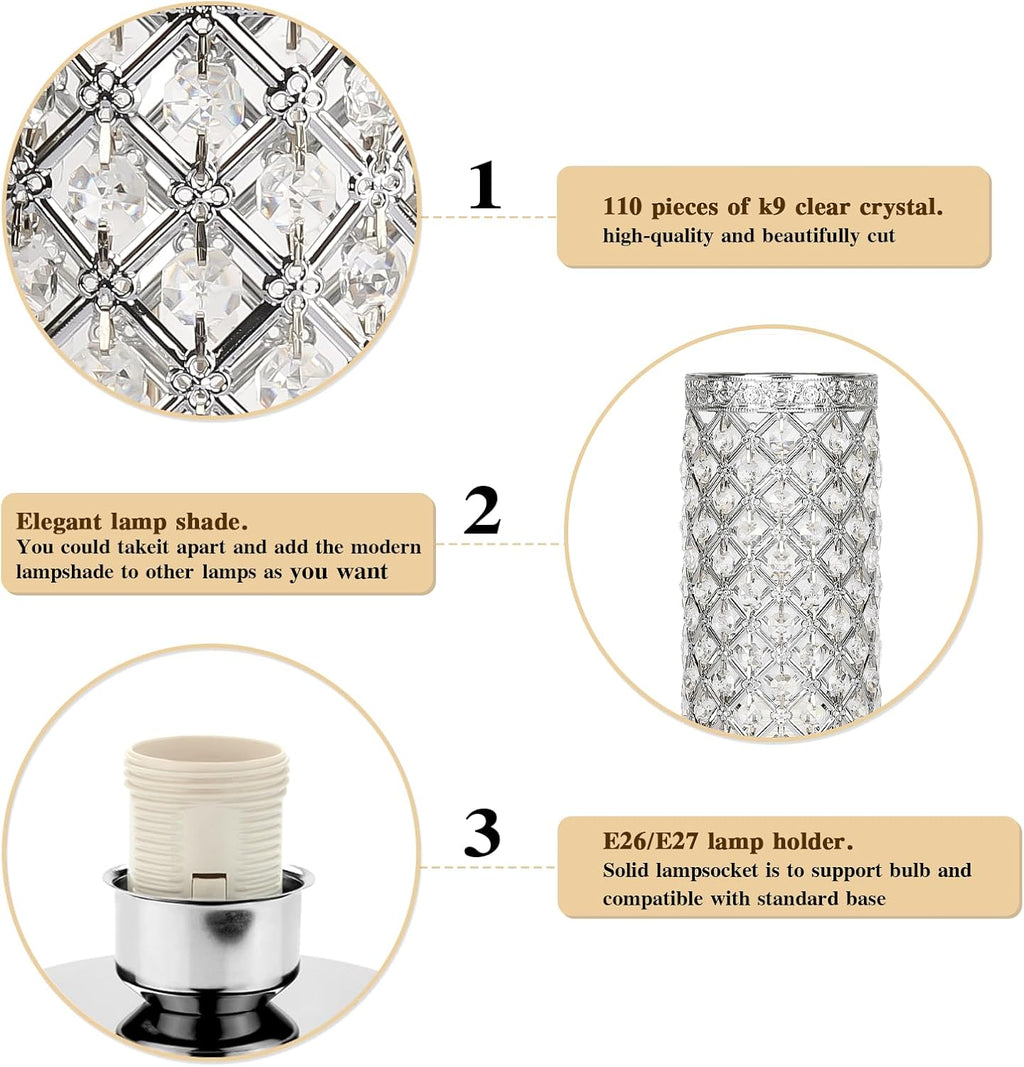 Crystal Table Lamp, 3 Way Touch Control Dimmable Bedside Nightstand Lamp