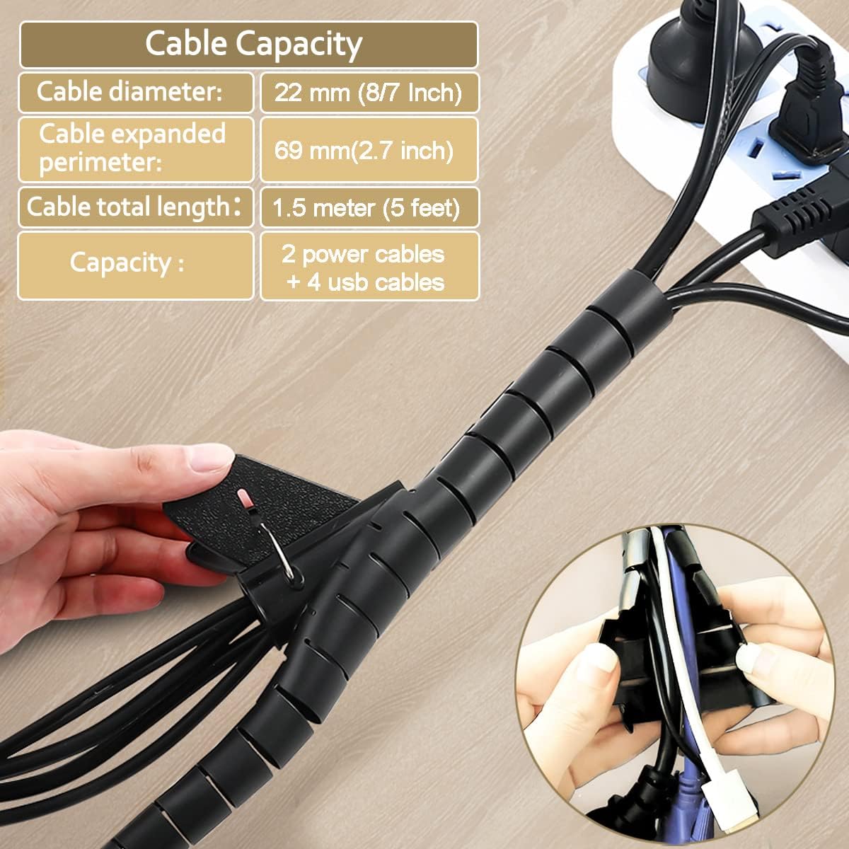 Black Computer Cable Management Sleeve Tube Under Desk Cord Organizer, 7/8 inch -5 ft Cover Wrap Easy to Install Messy Wire Solution for TV Office PC, Pet Chew and Bite Proof Cable Protector