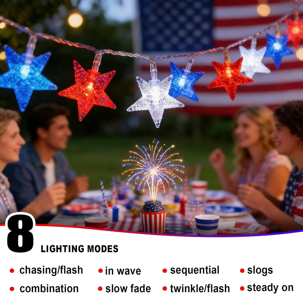 50 LED Patriotic Star String Lights 16FT with Clear Wire, Waterproof Battery Operated Box, 8 Lighting Modes, Perfect Patriotic Lights for National Day Holiday Garden Party Decor