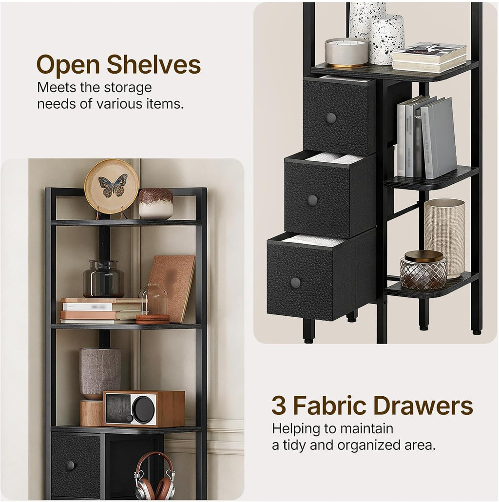 YATINEY 5-Tier Corner Shelf Stand, Corner Bookshelf with 3 Drawers, Black