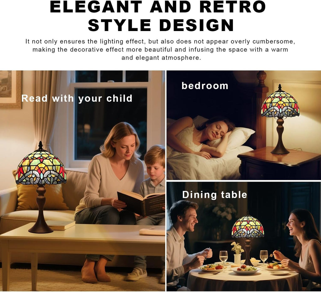 Tiffany Small Table Lamp, 8 Inch Baroque Stained Glass Accent Lamp, Vintage Bedside Lamp, for Bedroom, Living Room, Office, Dorm