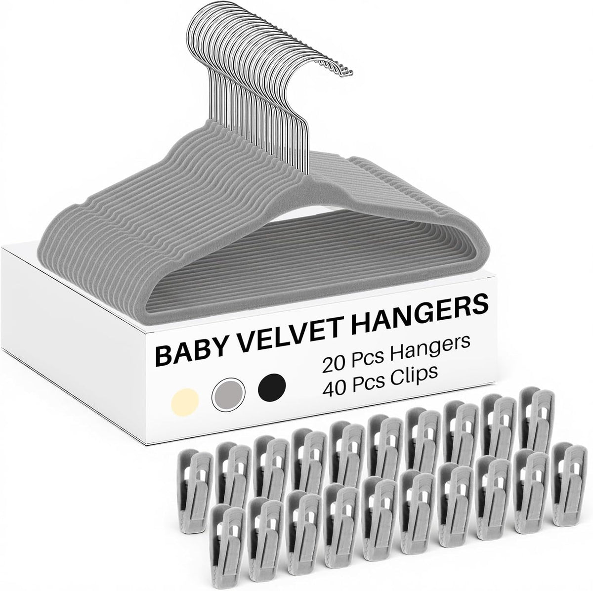 Soaoo 20 Pcs Grey Velvet Kids Hangers with Clips, 11 Inch Non-Slip Slim