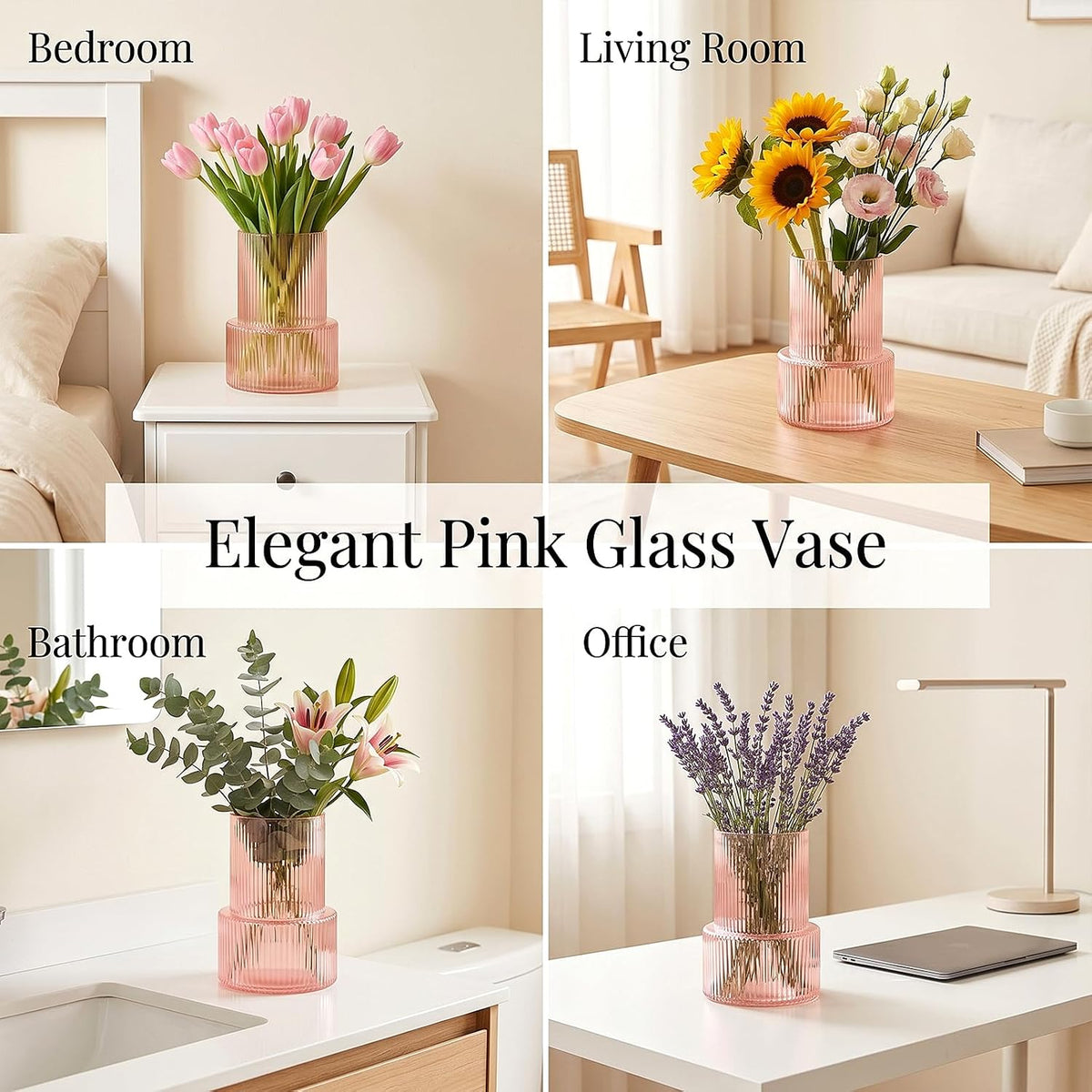 Pink Ribbed Glass Vase, Modern Decorative Flower Vase