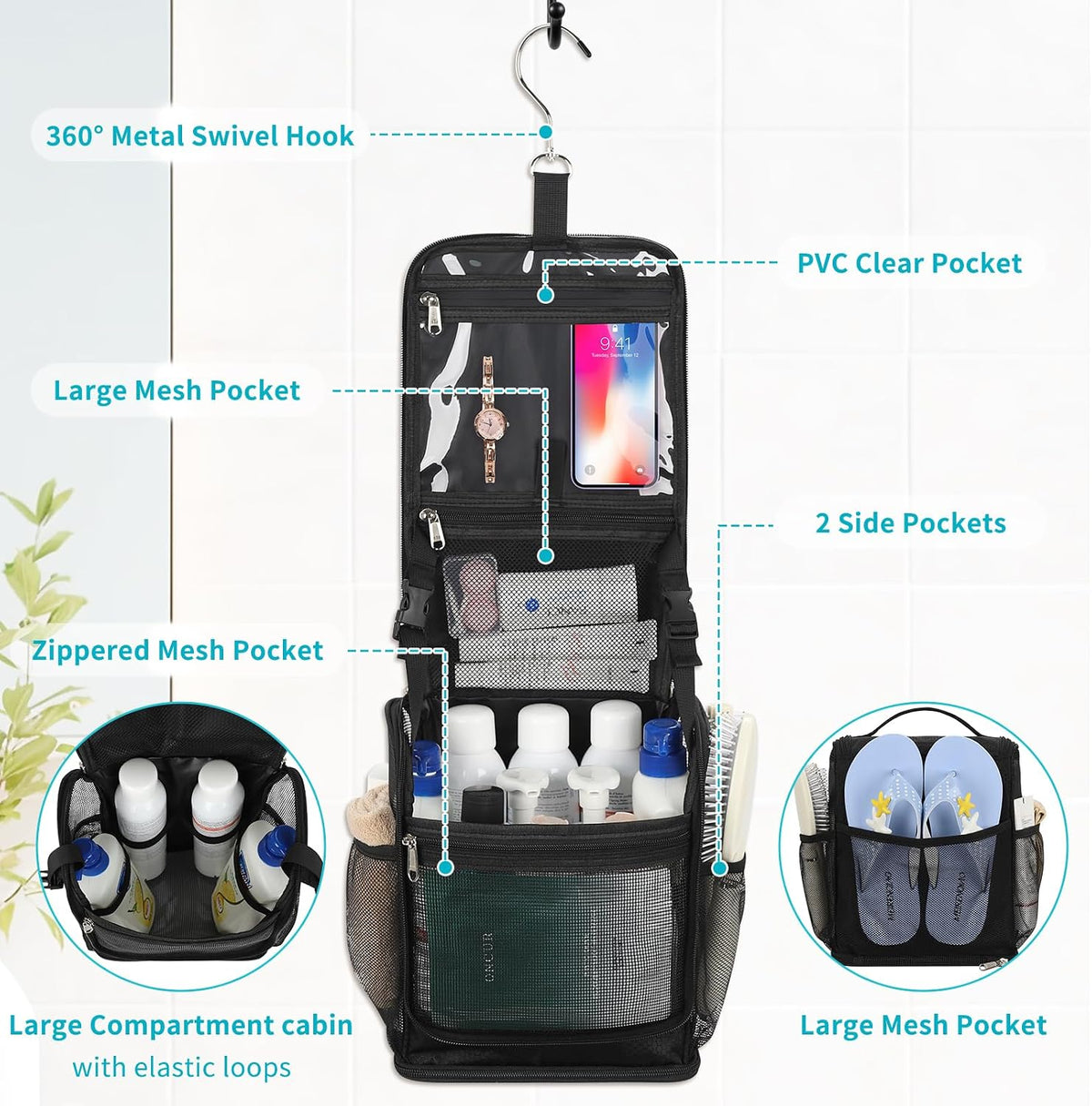 Mesh Shower Caddy Portable, Toiletry Bags for Travel, Black