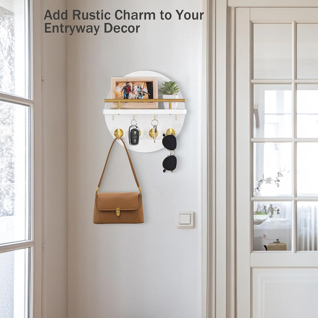 10.2" Key Holder Wall Mount with Shelf & Mail Organizer, 8 Hooks White
