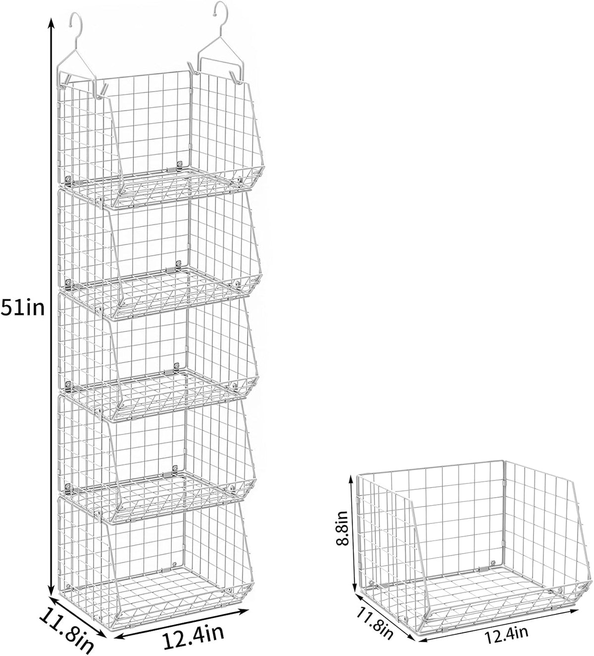 5 Tier Closet Hanging Organizer, Clothes Hanging Shelves with 4 Hanging Hooks 5 S Hooks, Wire Storage Basket Bins, for Clothing Sweaters Shoes Handbags Clutches Accessories Patent Design-White