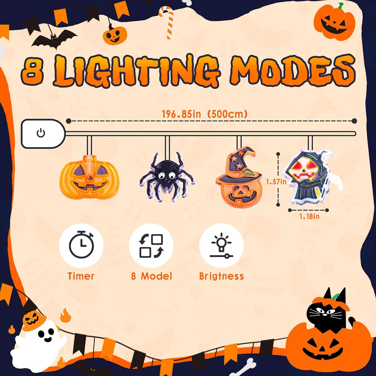 Halloween String Lights Indoor: 16.4 FT 30 LED Battery Operated Pumpkin Skeleton Spiders Lighted Decorations – 8 Modes Waterproof Timer for Window Porch House Room Bedroom Party Decor